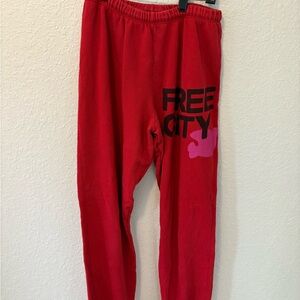 Freecity Red Track Pants with Black and Pink Logo